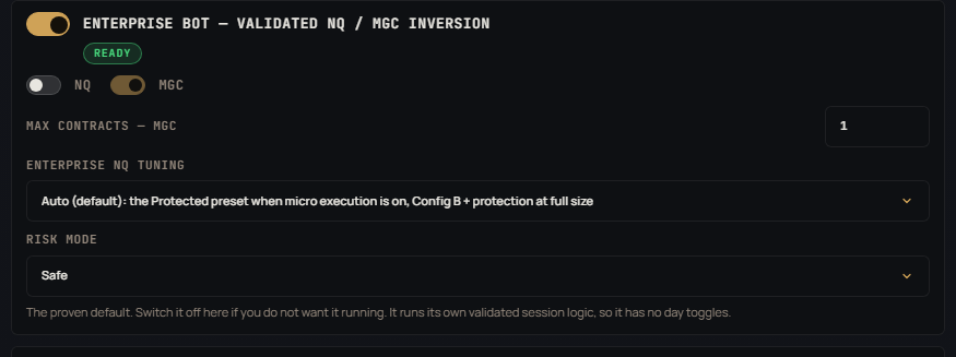 The Enterprise Bot card: NQ and Micro Gold market switches, its own contract count, the NQ tuning presets and the risk mode