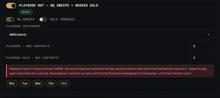 The Playbook Bot card with its NQ-or-MNQ instrument choice, its own contract count and market switches